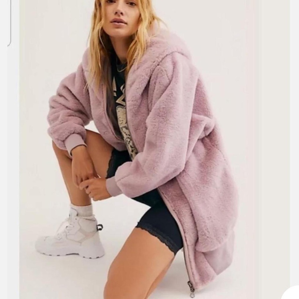 Free People Turn Up Zip Off Faux Fur Hoodie Coat Jacket Purple X-Large XL